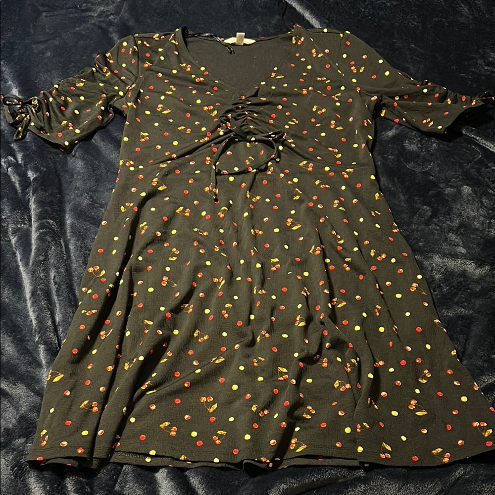 Charming Dark Blue Dress with Red and Yellow Cherries and dots Pattern